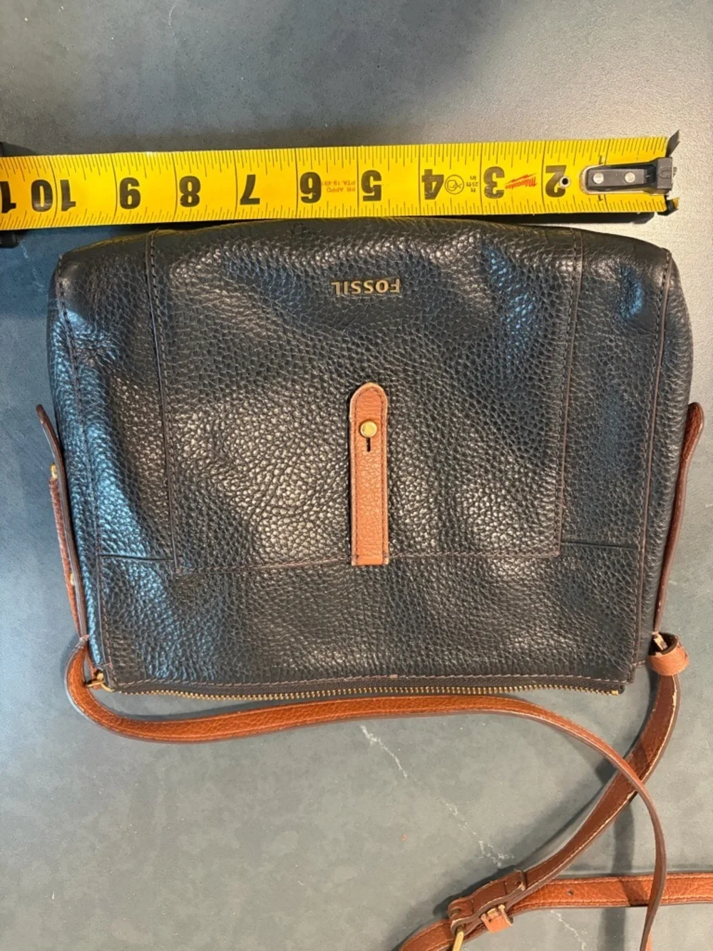 Fossil Black Pebbled Leather Crossbody with Tan Strap